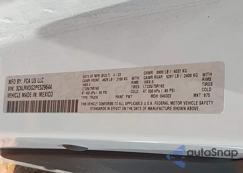 2023 Ram Promaster 2500 High Roof 159 Wb from USA, damaged, VIN 3C6LRVDG2PE529644